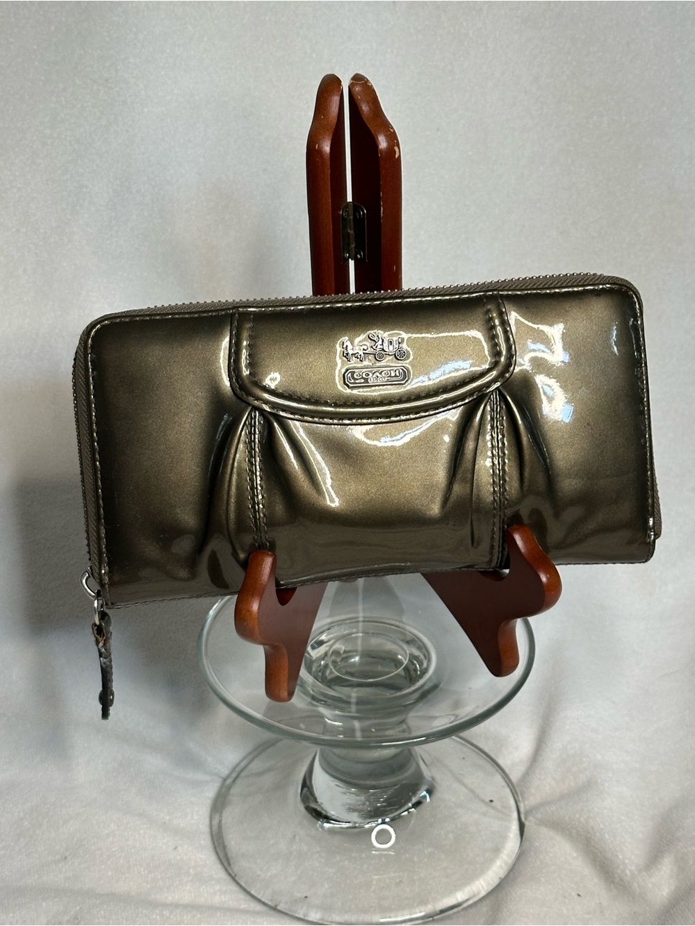 Coach Metallic Pewter Patent Leather Long Zip Wallet